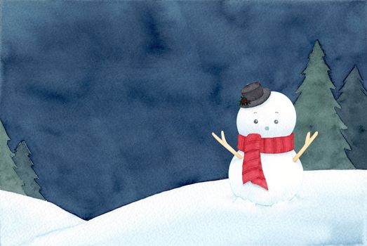A snowman with hat and red scarf. Calm night winter scenery background. Watercolor hand painting illustration. Design for winter, Christmas, New year.