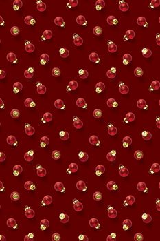 Christmas red decorations on dark red background. Christmas ornaments composition for background. Flat lay background madefrome red ornaments decorations