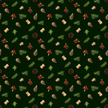 christmas seamless patterns with Pine cones wine cork and lingonberry. pattern christmas seamless on a dark green backdrop. Realistic photo collage. Print for paper, fabric, wallpaper.