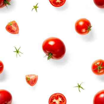 Seamless pattern with red ripe tomatoes. Tomato isolated on white background. Vegetable abstract seamless pattern. Organic Tomatoes flat lay.