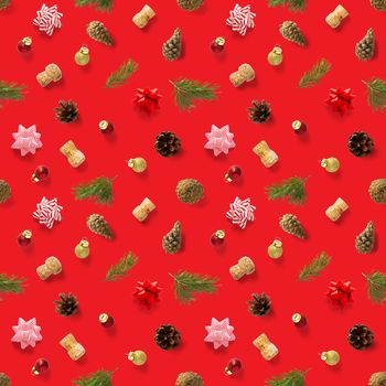 Seamless regular creative Christmas pattern with New Year decorations on red background. xmas Modern Seamless pattern made from christmas decorations. Photo quality pattern for fabric, prints, wallpapers, banners or creative design works.