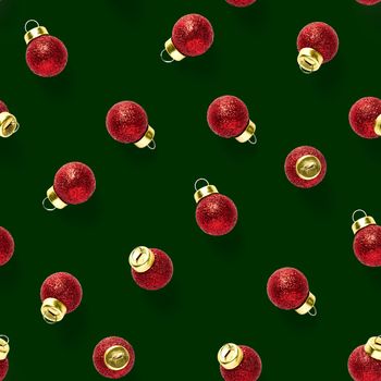Seamless pattern with red Christmas decorations on green background. Christmas red ornaments Seamless pattern. Christmas abstract background made from balls.