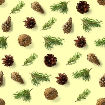 seamless christmas pattern from Pine cones, needles on yellow background. modern pine cone christmas collage. Print for paper, fabric, wallpaper or background made frome pinecones.