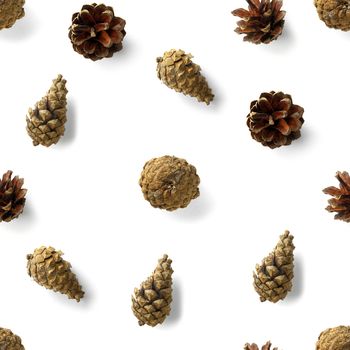 seamless christmas pattern from Pine cones, needles on white background. modern pine cone christmas collage. Print for paper, fabric, wallpaper or background made frome pinecones.