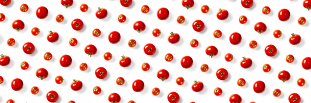 banner - creative background from red tomatoes. Abstract background. of isolated ripe Tomato on the white background not seamless pattern. flat lay