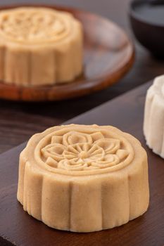 Colorful beautiful moon cake, mung bean cake, Champion Scholar Pastry cake for Mid-Autumn festival traditional gourmet dessert snack, close up.