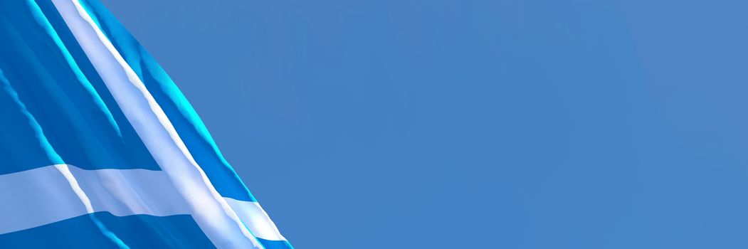 3D rendering of the national flag of Scotland waving in the wind against a blue sky