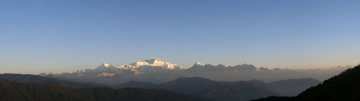 Kanchenjunga Range in Himalayas, panorama photography taken in the morning