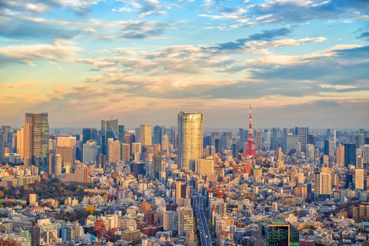 Top view of Tokyo city skyline at sunset in Japan.

