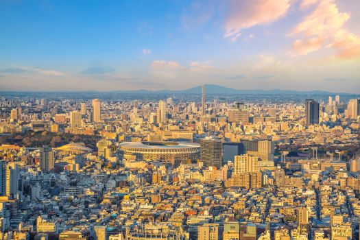 Top view of Tokyo city skyline at sunset in Japan.

