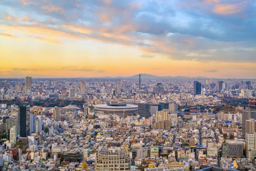 Top view of Tokyo city skyline at sunset in Japan.

