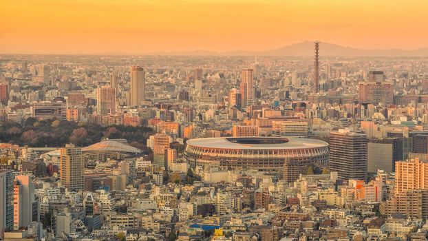 Top view of Tokyo city skyline at sunset in Japan.

