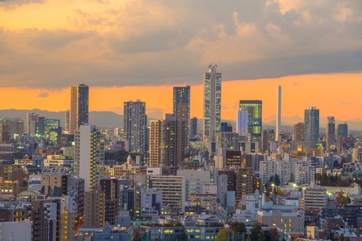 Top view of Tokyo city skyline at sunset in Japan.

