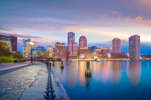 Boston Harbor and Financial District at twilight, Massachusetts in USA