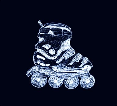 Roller skate. Hand-drawn sketch illustration isolated on dark background.