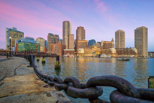 Boston Harbor and Financial District at twilight, Massachusetts in USA