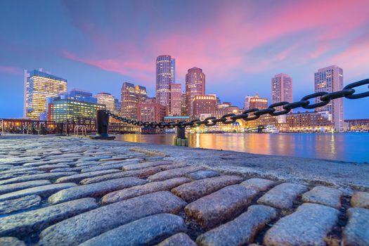 Boston Harbor and Financial District at twilight, Massachusetts in USA