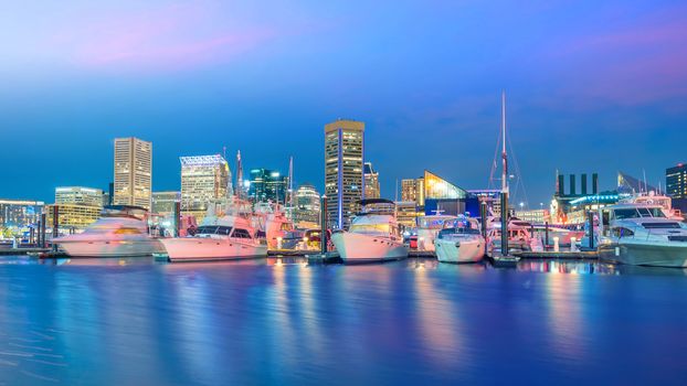 View of Inner Harbor area in downtown Baltimore Maryland USA at sunset