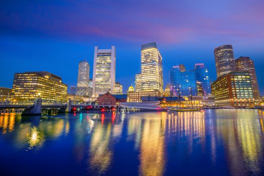 Boston Harbor and Financial District at twilight, Massachusetts in USA