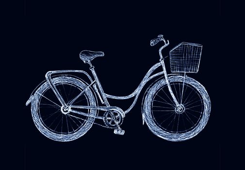 Vintage road bicycle hand drawn illustration. Eco transport sketch isolated on black background.