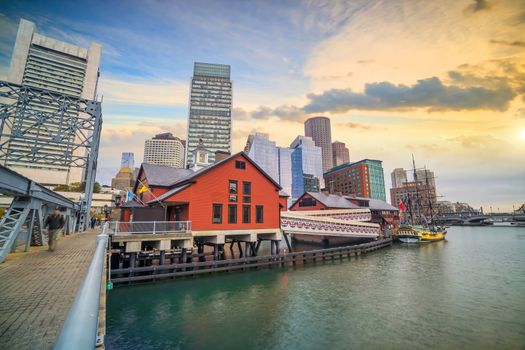 Boston Harbor and Financial District at twilight, Massachusetts in USA