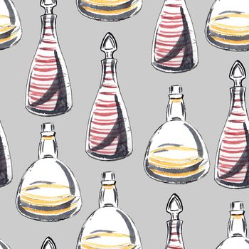 Retro bottles isolated on light grey background. Seamless pattern. Hand-drawn watercolor sketch. 