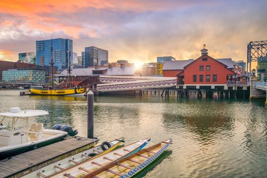 Boston Harbor and Financial District at twilight, Massachusetts in USA