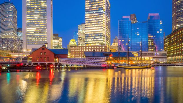 Boston Harbor and Financial District at twilight, Massachusetts in USA