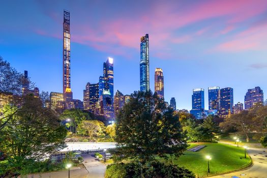 Beautiful foliage colors of New York Central Park at sunset in USA