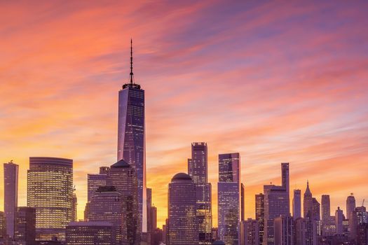 New York City downtown skyline at sunset - beautiful cityscape in USA