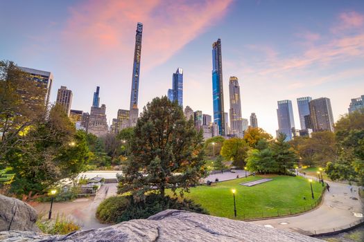 Beautiful foliage colors of New York Central Park at sunset in USA