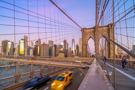 Brooklyn Bridge in New York City, USA at sunrise