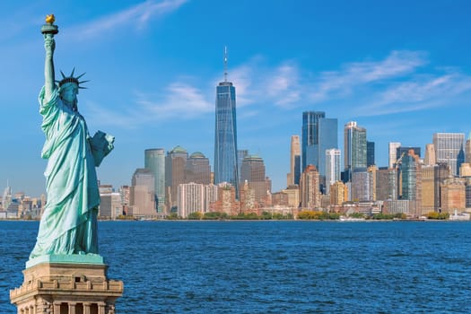 The Statue of Liberty with Manhattan city skyline background, Landmarks of New York City, USA