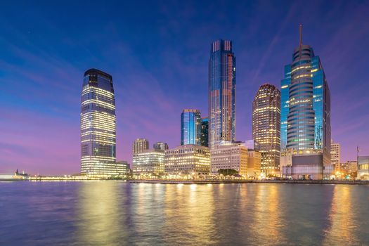 Skyline of Jersey City, New Jersey from New York Harbor in USA