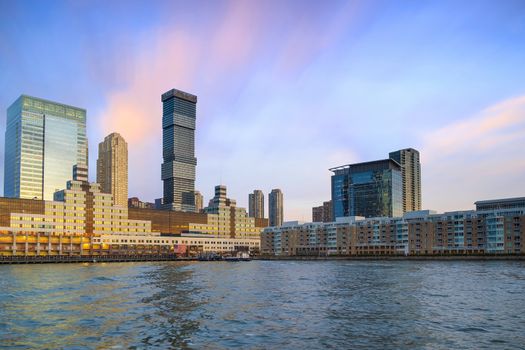 Skyline of Jersey City, New Jersey from New York Harbor in USA