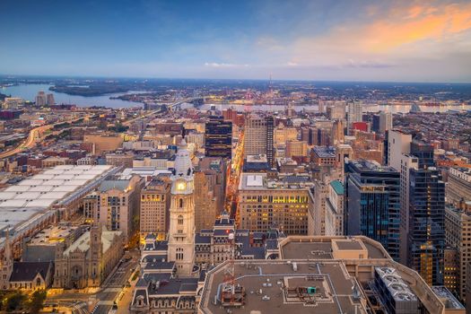 Top view of downtown skyline Philadelphia in Pennsylvania, USA at sunset