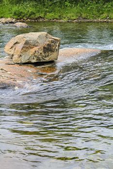 Flowing beautiful turquoise river lake with stones in Ulsåk, Hemsedal, Viken, Buskerud, Norway.