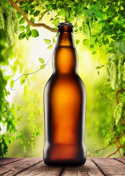 Brown bottle with beer on the background of hops