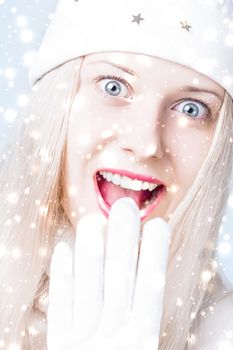 Happy Christmas and glitter snow background, blonde woman with positive emotion in winter season for shopping sale and holiday brands