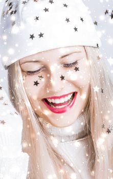 Magical Christmas and glitter snow background, blonde woman with positive emotion in winter season for shopping sale and holiday brands