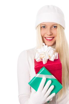 Cheerful blonde model with gift boxes in Christmas, woman and presents in winter season for shopping sale and holiday brands