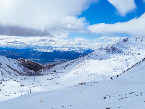 Queenstown, New Zealand - September 27th 2019: The iconic Remarkables ski resort near Queenstown on New Zealand's south island.