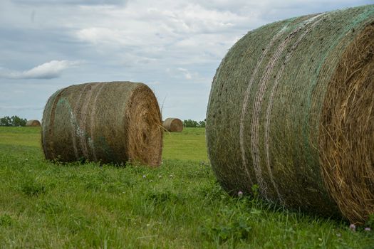 Beautiful landscape with straw bales in end of summer