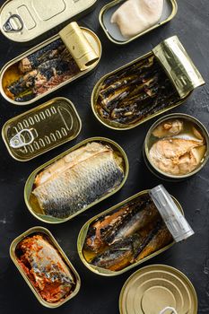 Saury, mackerel, sprats, sardines, pilchard, squid, tuna, Canned fish in tin cans. Open and closed over black slate background top view .