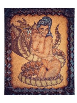 Pet Python hugs woman. Painting of a beautiful brunette woman with snake. abstract background, texture with Small metall shavings. Concept of sexuality