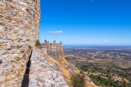 Marvao castle on the top of a mountain with beautiful green landscape, Alentejo, in Portugal
