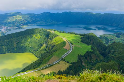 Viewpoint Miradouro da Boca do Inferno in Sao Miguel Island, Azores, Portugal. Amazing crater lakes surrounded by green fields and forests