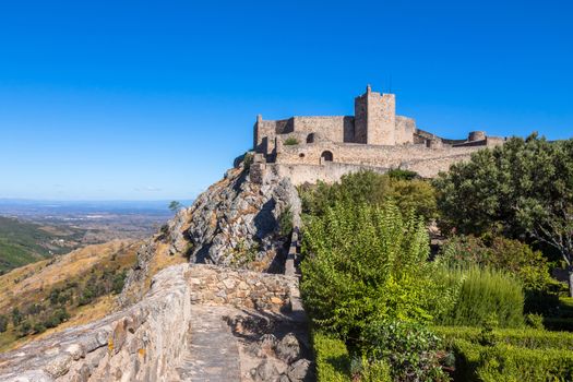 Marvao castle on the top of a mountain with beautiful green landscape, Alentejo, in Portugal