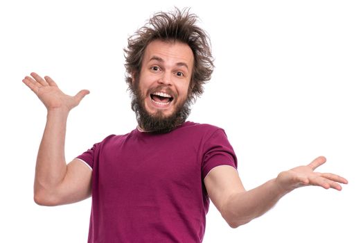 Crazy bearded Man with funny Haircut, isolated on white background. Happy guy screaming and keeping mouth open. Emotions and signs concept.