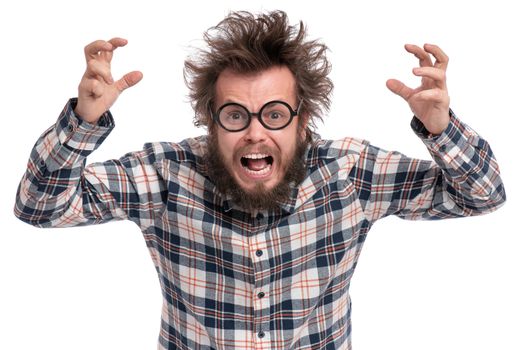 Crazy angry Man with funny Haircut in Eyeglasses. Bearded Enraged furious guy in plaid shirt screaming in anger, isolated on white background. Emotions and signs concept.